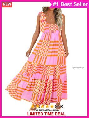 Women's Boho Maxi Dress Spaghetti Strap Smocked A-Line Beach Sun Dress Pockets